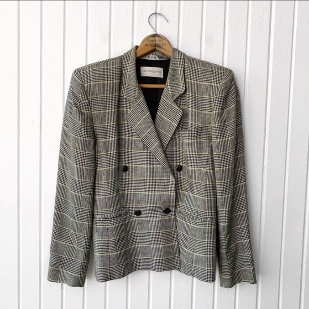 Vintage 1980s Plaid Patterned Black Blazer